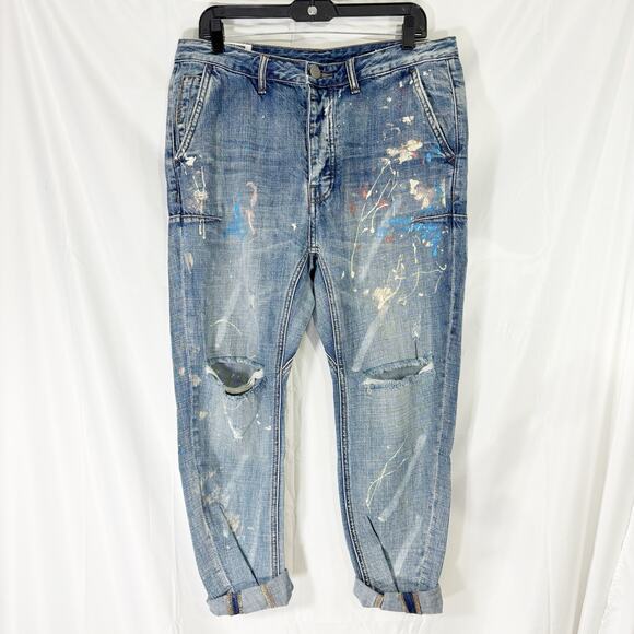 NWT One Teaspoon Mr Browns Distressed Jeans34R Blue Suede Paint Splatter - Picture 1 of 6